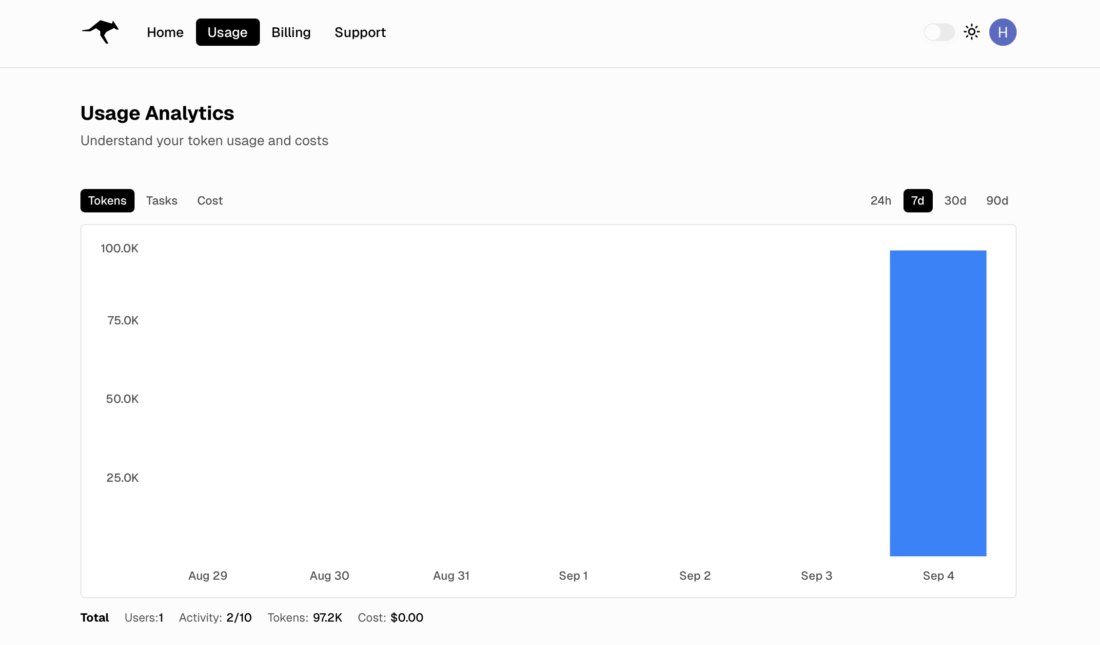 Usage Analytics page showing token usage graph and statistics