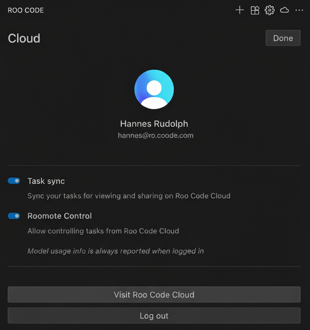 Successfully connected Roo Code Cloud account