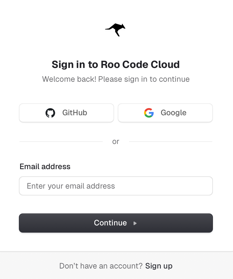 Roo Code Cloud sign in page